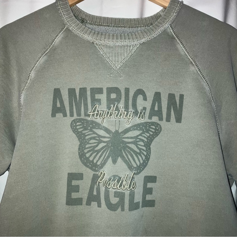 American Eagle Green Crew Neck Sweater Butterfly Design